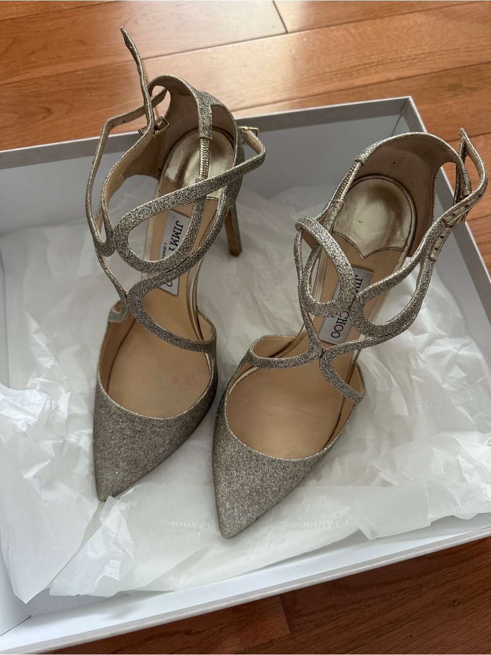 Jimmy Choo Glitter Pointed Toe Pumps in Silver